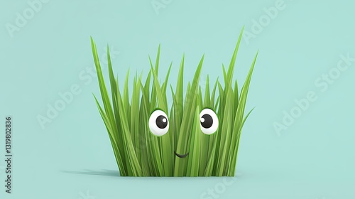 Sweet cartoon spring grass blade with a cute expression on a minimal backdrop