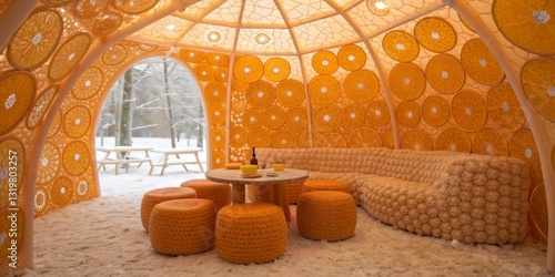 Obraz na płótnie Cozy indoor space featuring bright orange decor in a snowy winter setting w salonie