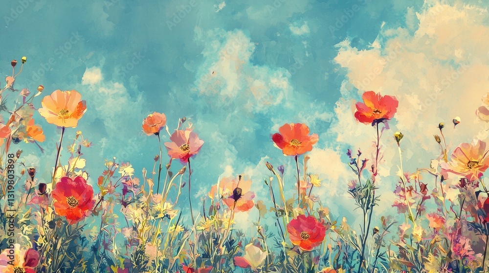 Fototapeta premium A vibrant meadow filled with various wildflowers in shades of pink, yellow, and orange dances gently in the warm sunlight. Soft clouds drift across a blue sky