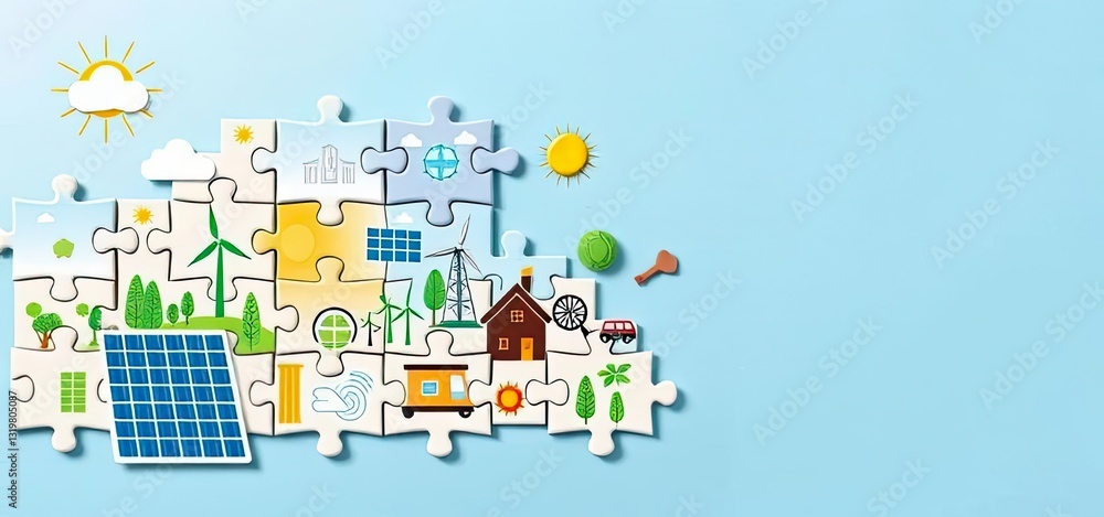 Fototapeta premium Sustainable Energy Puzzle Green Eco Friendly Home Solar Panels Wind Turbines Alternative Energy