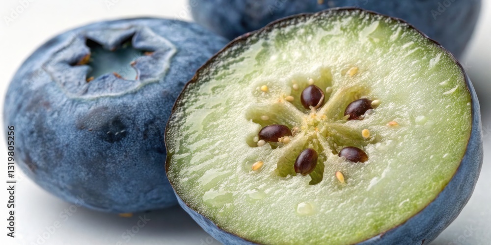 Unique cross-section of a fruit that resembles a blueberry but reveals cucumber-like interior