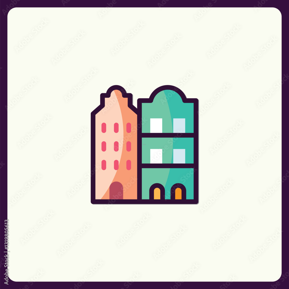 Obraz premium Stylized Building Icons Depicting Urban Architecture and Cityscapes