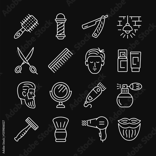 Barbershop line white icon set on black background. Equipment for shaving and haircut. Scissors, razor, hairbrush, mirror, cologne flat sign. Editable stroke. Vector collection.