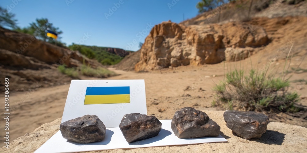 Ukrainian flag displayed with meteorites in arid landscape showcasing geological wonders