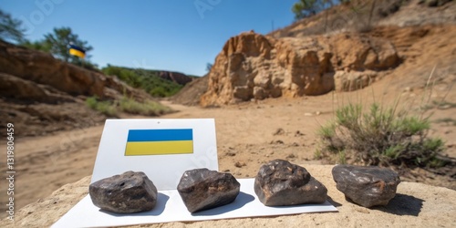 Obraz na płótnie Ukrainian flag displayed with meteorites in arid landscape showcasing geological wonders w salonie