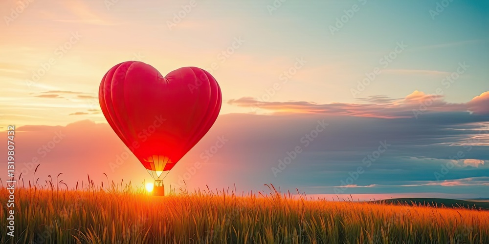 Fototapeta premium Heart Shaped Hot Air Balloon at Sunset over Golden Field