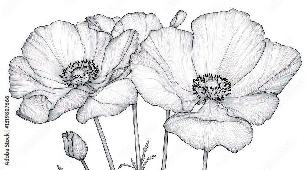 Fototapeta premium Monochrome Poppy Flowers Drawing.
