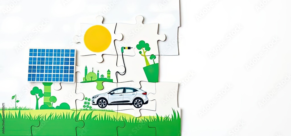 Fototapeta premium Green Energy Puzzle Solar EV Car Eco Friendly City Sustainable Future