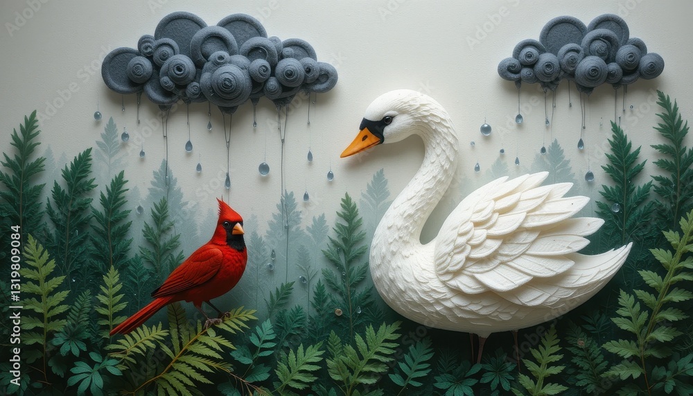 Obraz premium Serene Swan and Cardinal in Rainy Forest Paper Art Scene