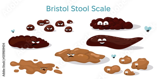 Human Stool types vector illustration. Bristol Stool Scale from constipation to diarrhea as an indicator of health. Various types of human poops are isolated on white.