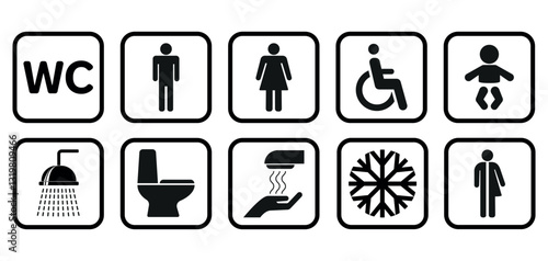 Public Toilet signs. WC icon set. Male, Female, Common, and baby room signage. Shower, and conditioner symbols. Minimalist flat vector illustration.