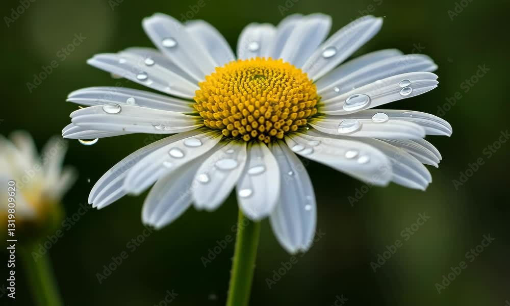 Close Up Of White Daisy With Yellow Center And Water Droplets In Green Background Close Up Of White Daisy With Yellow Center And Water Droplets In Green Background