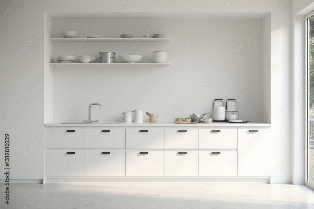 a white kitchen with a large window and a sink a white kitchen with a large window and a sink