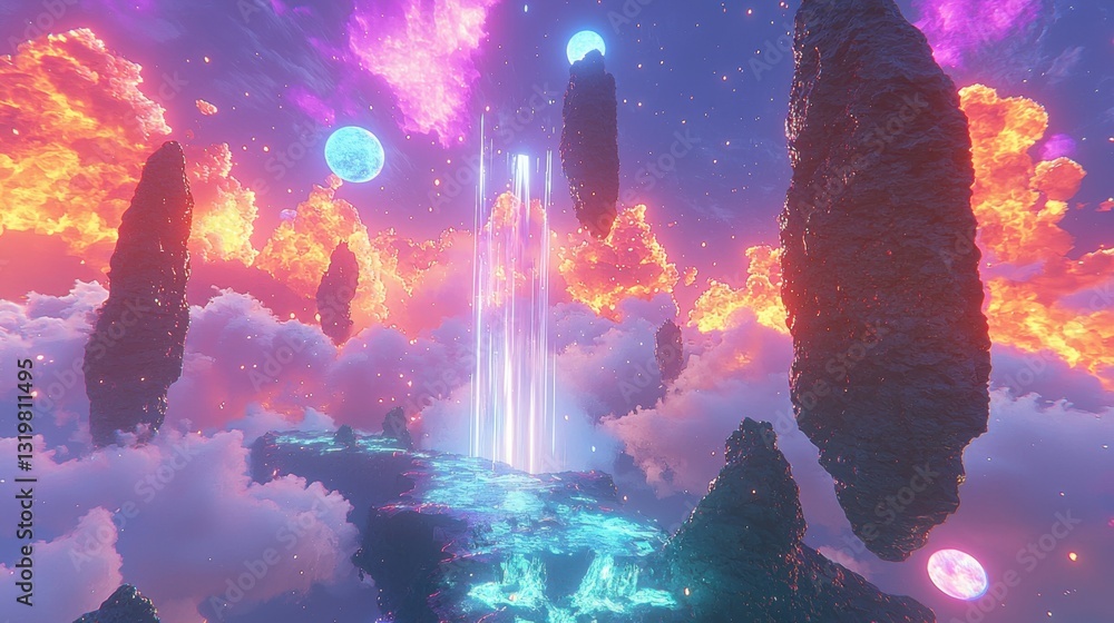 Vibrant celestial scene features luminous waterfalls cascading from rocky formations, surrounded by colorful clouds and planets during an otherworldly twilight Vibrant celestial scene features luminous waterfalls cascading from rocky formations, surrounded by colorful clouds and planets during an otherworldly twilight