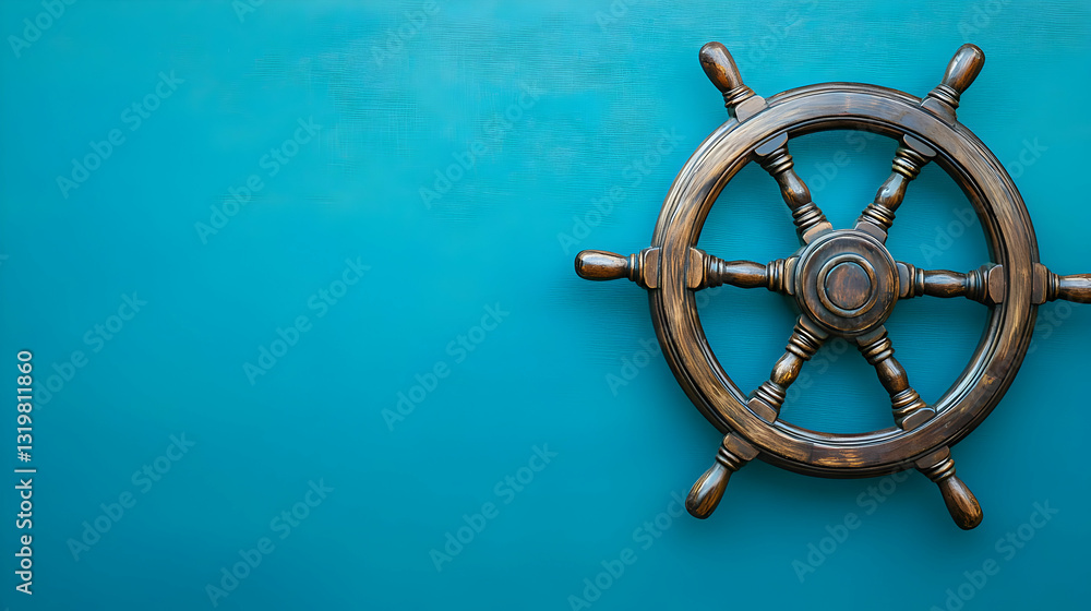 Fototapeta premium Vintage Wooden Ship Wheel On Textured Teal Background With Copy Space For Maritime Theme