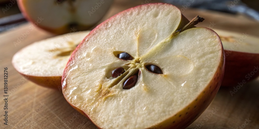 Freshly sliced apple on a wooden cutting board showcasing its juicy interior and seeds