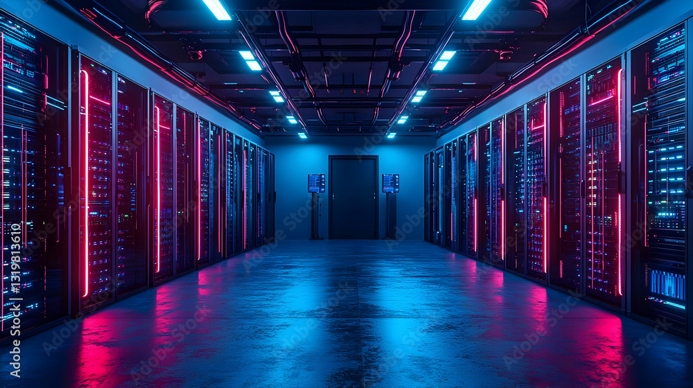 Fototapeta premium Modern Data Center With Server Racks And Pink And Blue Neon Lights Reflecting On The Dark Wet Floor