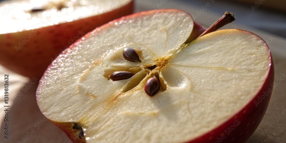 Freshly sliced apple showing seeds and texture in bright lighting with a focus on the interior details