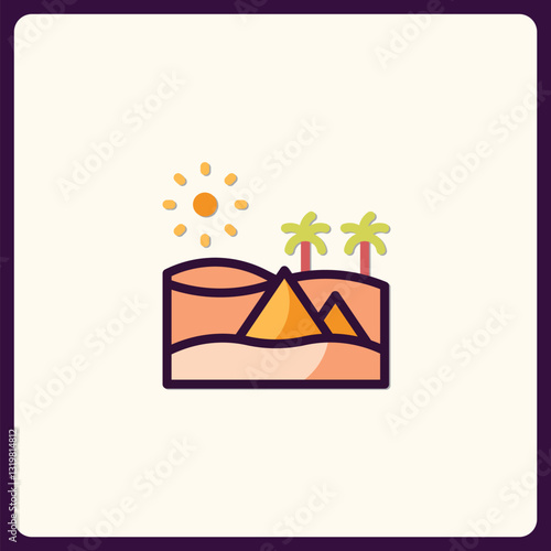 Charming Desert Landscape Icon with Pyramids and Palm Trees Illustration
