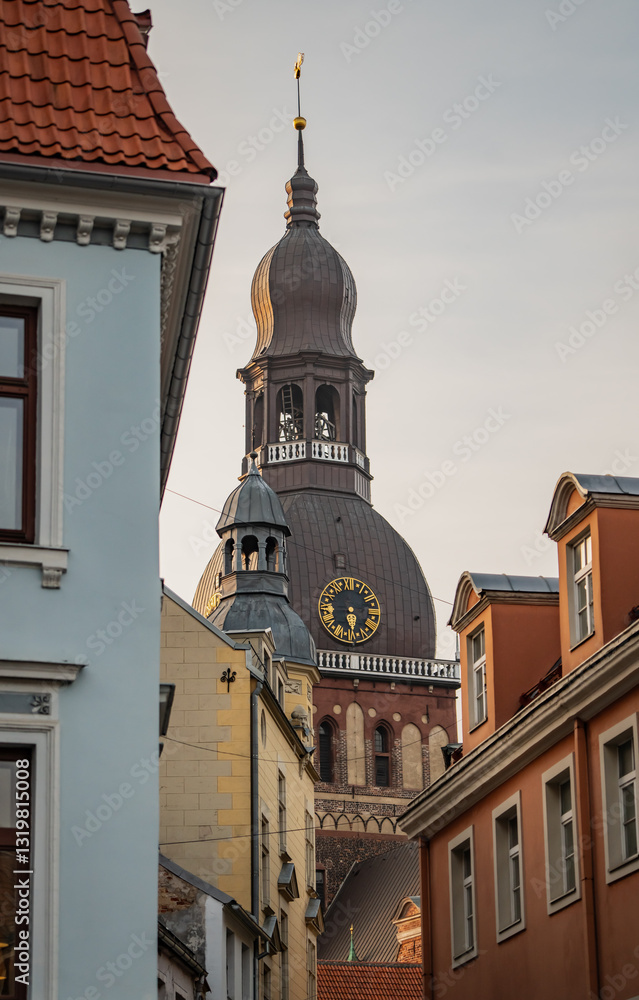 Fototapeta premium Riga old town towers and rooftops of old town skyline. European old school architecture style designed towers of churches and buildings