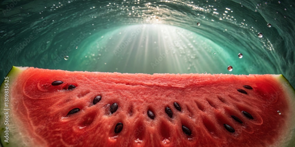 Watermelon slice submerged in water creates a refreshing and vibrant underwater scene with rays of light filtering through