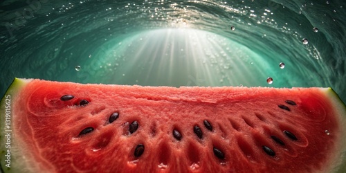 Obraz na płótnie Watermelon slice submerged in water creates a refreshing and vibrant underwater scene with rays of light filtering through w salonie