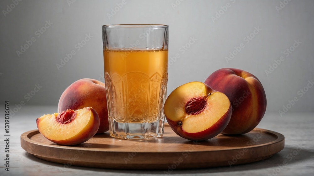 Glass of peach juice surrounded by sliced fruits Glass of peach juice surrounded by sliced fruits