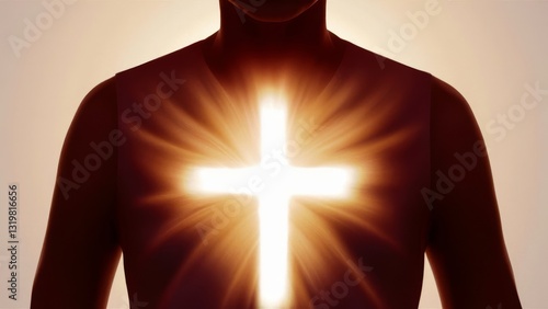 A powerful digital artwork of a glowing cross shining from within a person’s chest, symbolizing faith, inner light, spirituality, and divine presence, evoking deep inspiration and devotion.