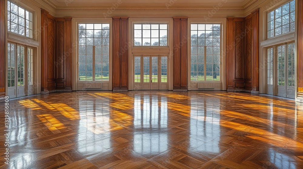 Sunlit parquet floor in a grand room with large windows. Ideal for architectural, interior design, and luxury real estate projects. Sunlit parquet floor in a grand room with large windows. Ideal for architectural, interior design, and luxury real estate projects.