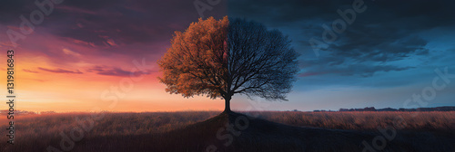 Nature's Transition: Seasonal Change Captured in a Single Moment with a Sky from Dusk to Dawn