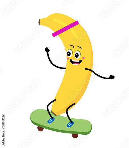 Cute bananan character riding a skateboard. Cartoon Happy banana on skateboard. Vector illustration in flat style. concept of a healthy lifestyle and sports.