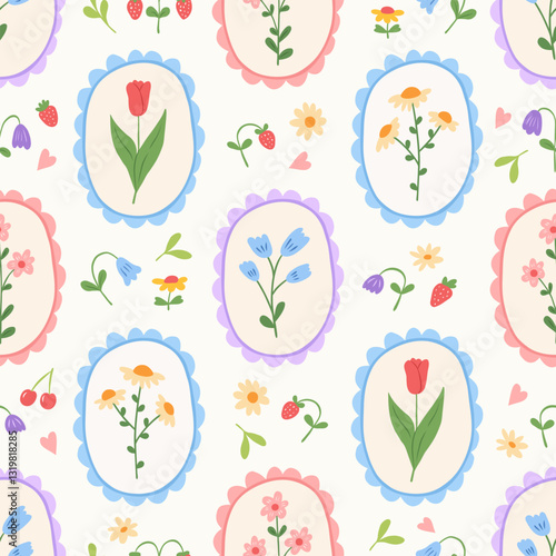 Floral cute seamless pattern with hand drawn beautiful flowers, garden blooming, strawberry. Spring summer cozy background. Vintage trendy print. Cottage core aesthetic. Vector flat illustration.