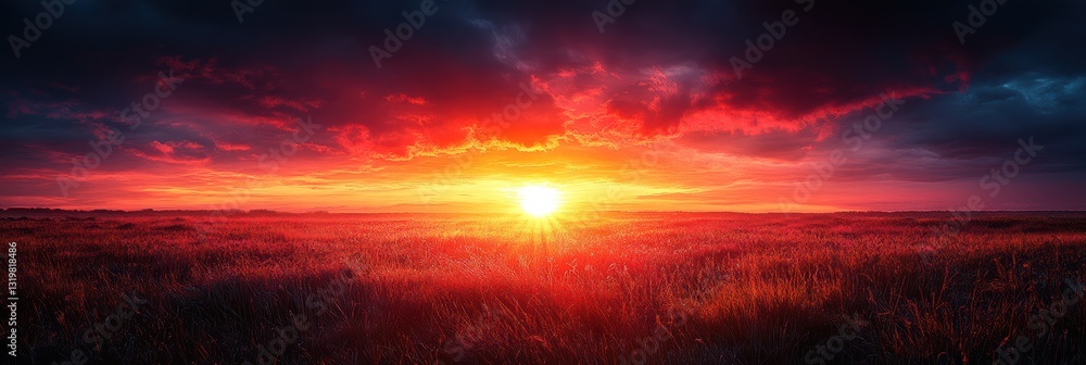 Vibrant sunset over an endless field with a blend of warm colors illuminating the sky Vibrant sunset over an endless field with a blend of warm colors illuminating the sky