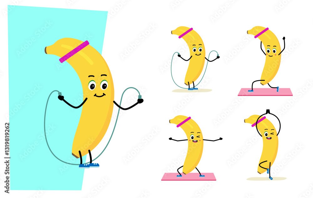 Fototapeta premium Cute Banana character. sport - Skipping rope, yoga. concept of a healthy lifestyle and sports. Vector illustration in flat style.