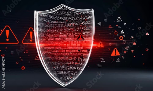 Digital Animated Shield with Red Alert Symbols and Data Breach Concept