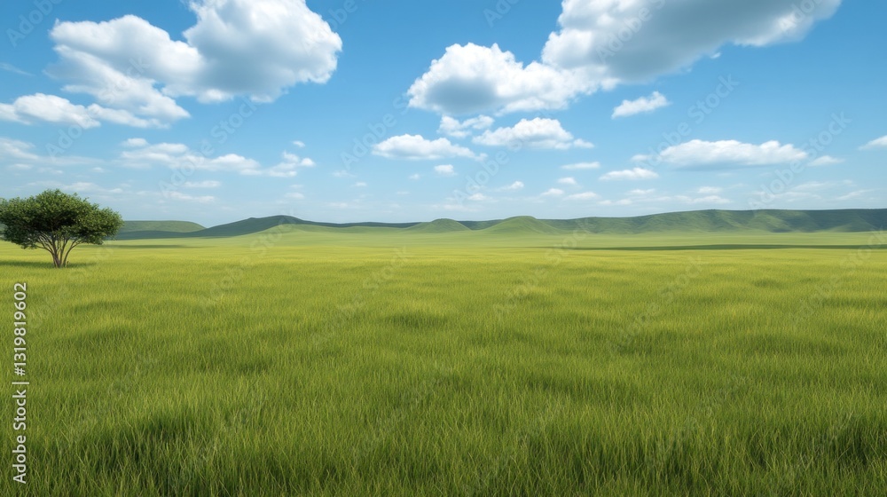 Serene Meadow Landscape: A Single Tree in Vast Green Field Under Blue Sky Serene Meadow Landscape: A Single Tree in Vast Green Field Under Blue Sky