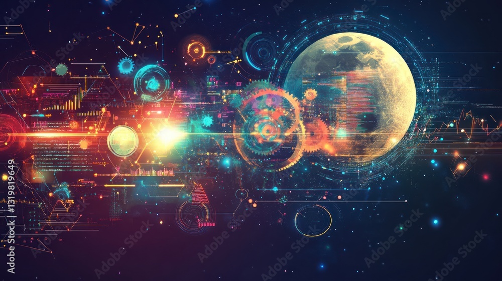 Obraz premium Space technology depicting moon exploration, data visualization, and orbital patterns