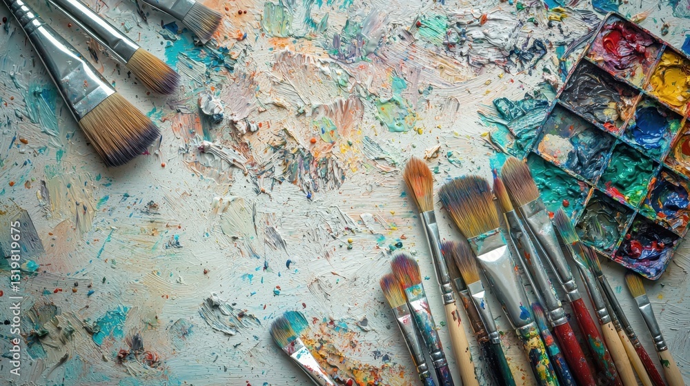 Fototapeta premium A well-used artist workspace displays a variety of brushes scattered across a paint-stained surface, alongside a colorful palette of mixed paints, showcasing creativity in action