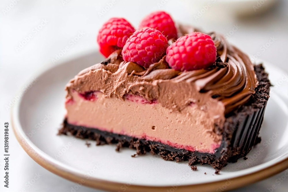 A delicious slice of chocolate raspberry dessert features a creamy chocolate filling layered with fresh raspberries and topped with whipped chocolate A delicious slice of chocolate raspberry dessert features a creamy chocolate filling layered with fresh raspberries and topped with whipped chocolate