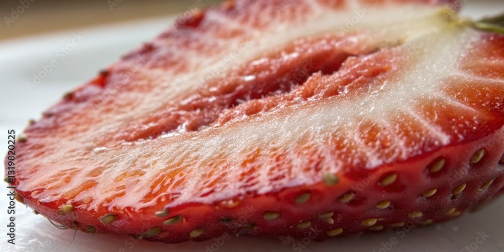 Freshly sliced strawberry showcasing vibrant color and texture on a white plate in natural light