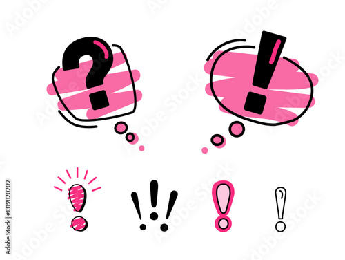 Exclamation mark icon in red speech bubble. Linear question mark. with black line, doodle style. Vector illustration in a flat style.