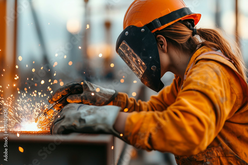 A female welder skillfully operates a welding torch, sparks flying, showcasing expertise and precision in industrial construction.  Safety gear is worn.
