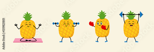 character meditate in yoga pose. Outdoor sports. fighting - boxing. Barbell, Dumbbells. Cartoon, Happy Avocado. vector illustration in a flat style.