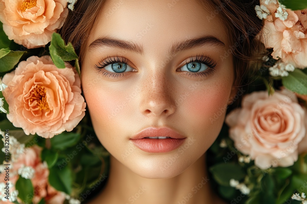 Naklejka premium Beautiful young woman with captivating blue eyes surrounded by flowers in a serene setting