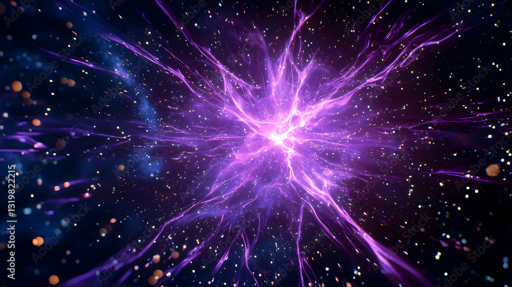 Naklejka premium Abstract Purple Energy Burst With Glowing Center and Cosmic Particles in Deep Dark Space