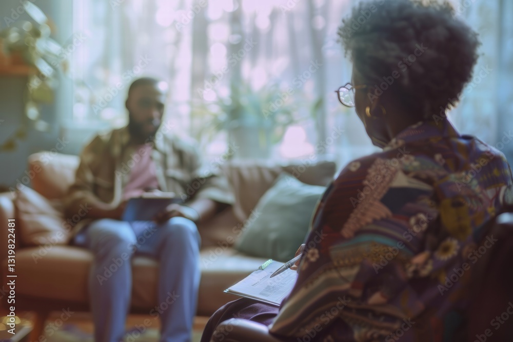 Fototapeta premium A Black woman therapist taking notes during a therapy session with a male patient, focusing on mental health