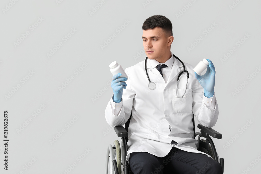 Young male doctor in wheelchair choosing pills on grey background Young male doctor in wheelchair choosing pills on grey background