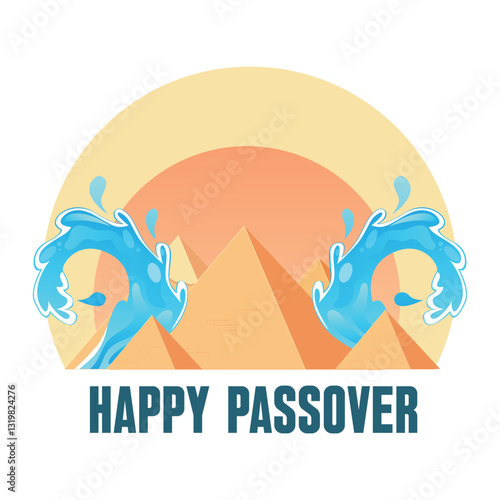Vector Minimalistic Illustration of Passover Celebrations. Pyramids of Giza, bright sun and Symbolic waves of Red Sea. The Escape from Egypt concept.