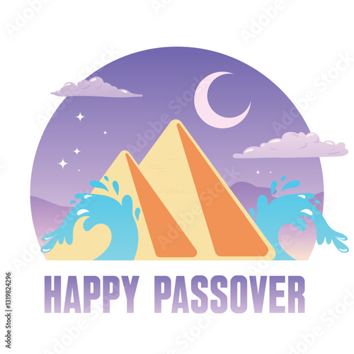 Vector Minimalistic Illustration of Passover Celebrations. Pyramids of Giza, bright sun and Symbolic waves of Red Sea. The Escape from Egypt concept.