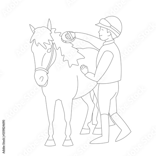 Young rider brushing a horse's mane in a simple black and white line drawing style